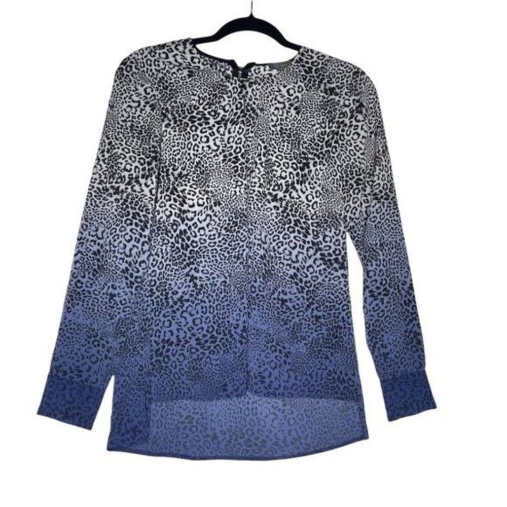 Vince Camuto Blue Ombre Leopard Print Long Sleeve Blouse XS Back Zip